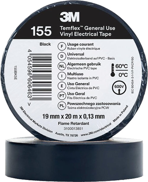 Pack de 10 unidades / 19mmx20m / Azul Cinta Aislante 3M Temflex 155 19 mm x 20 m | PVC Eléctrica Uso General