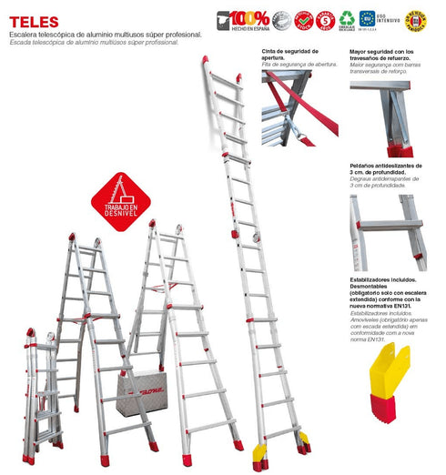 TELEST4 8+8 Peldaños / Antideslizante Escalera Telescópica Profesional Faraone TELES 3 en 1 hasta 6,27 m