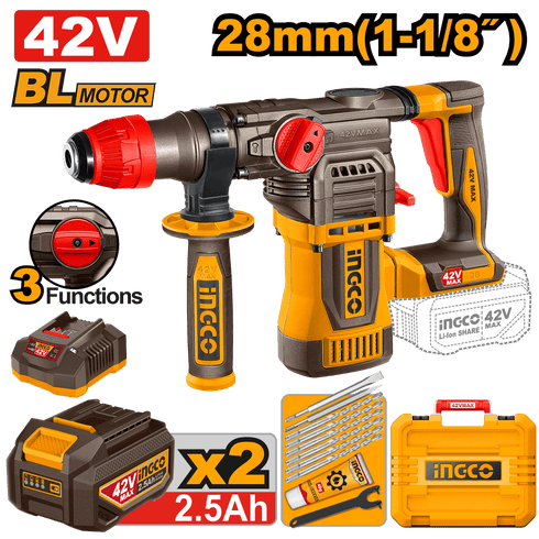 MARTILLO COMBI. 42V BL 2B 2,5AH+MAL | INGCO