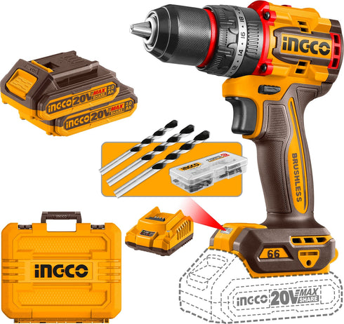 Taladro Percutor INGCO Brushless 20V 66Nm | Kit 2 Baterías